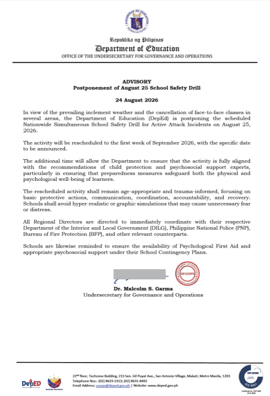 π’ POSTPONEMENT OF AUGUST 25 SCHOOL SAFETY DRILL